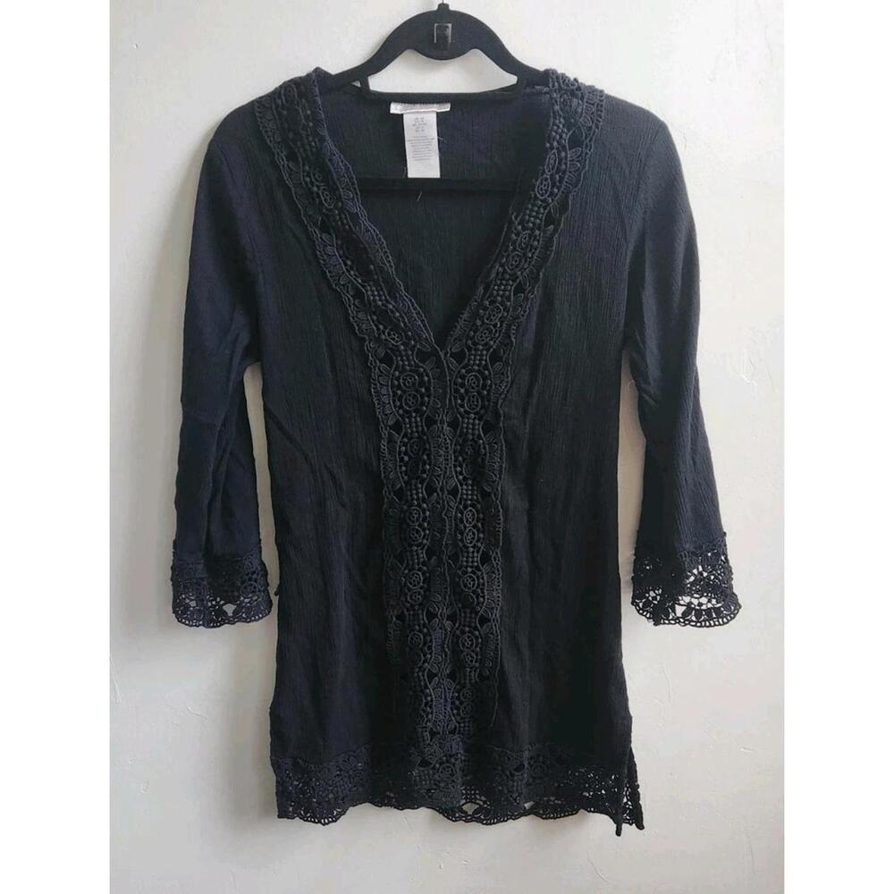 La Blanca Island Fare V Neck 3/4 Sleeve Cotton Tunic Black Swim Coverup Size XS - Picture 2 of 6